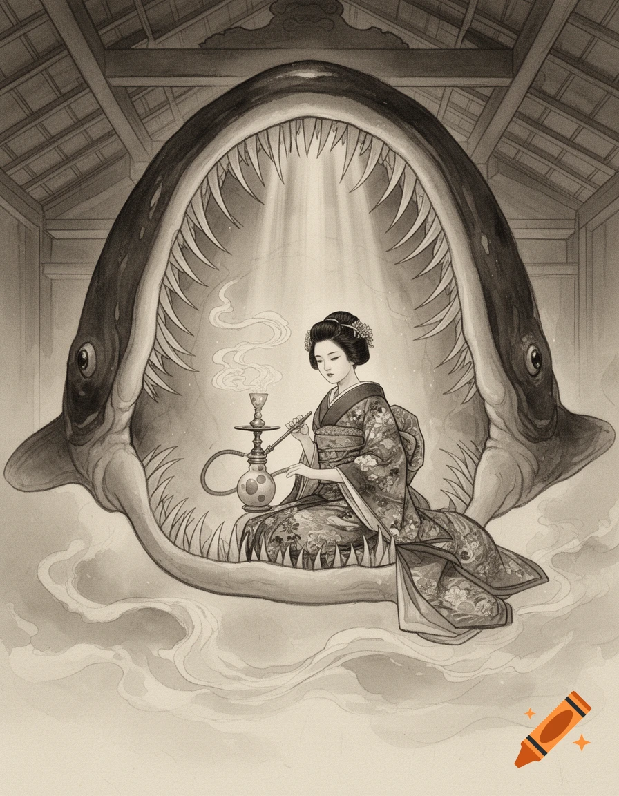 A geisha in a kimono sits calmly, smoking a hookah, inside the giant, toothy mouth of a whale-like fish in a monochrome, surreal ink painting style.