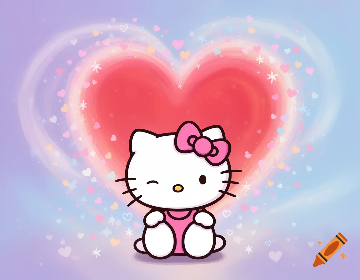 Hello Kitty winking in a pink outfit, sitting in front of a large red heart with smaller hearts and stars on a pastel background.