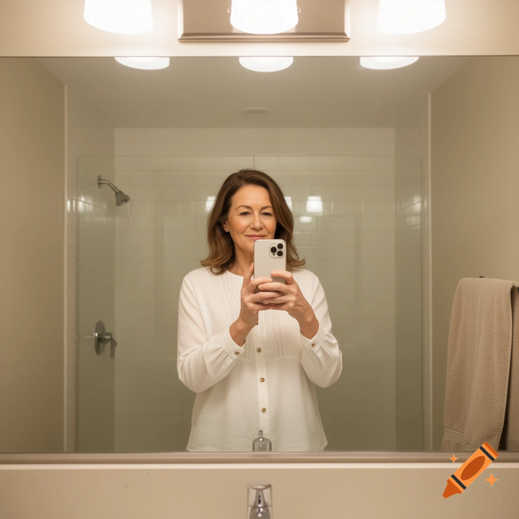 A woman in a white shirt takes a selfie with her phone, reflected in a bathroom mirror.