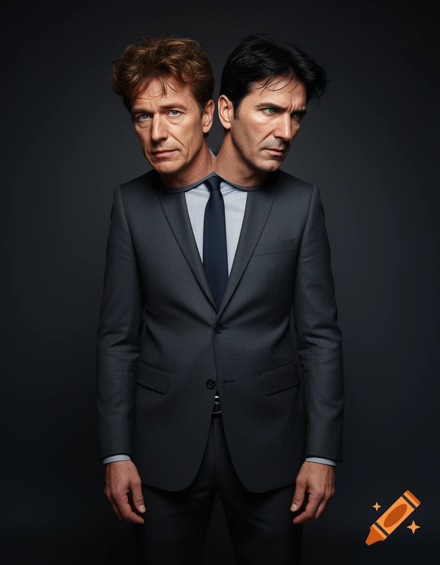 A photorealistic portrait of a man in a gray suit with two heads, one with brown hair and blue eyes, the other with dark hair and green eyes.