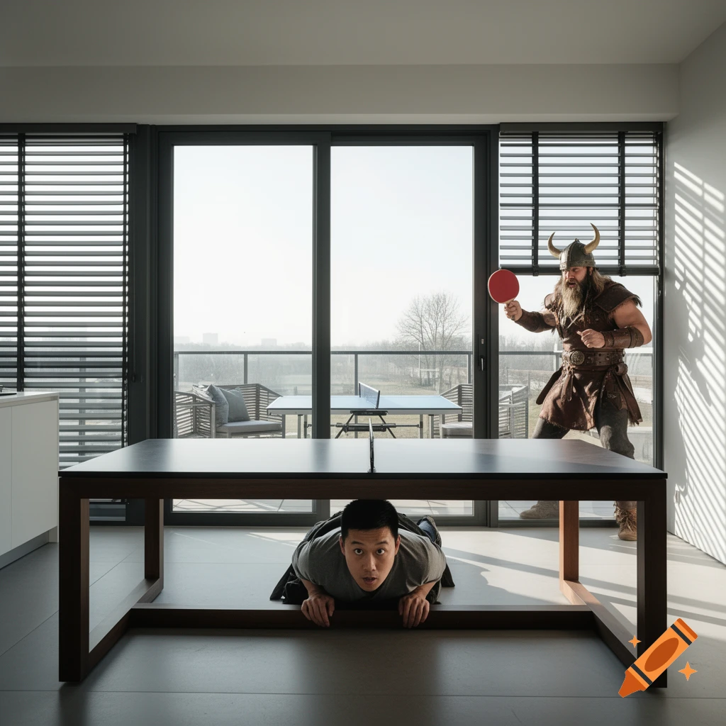 An Asian man hides under an indoor ping-pong table, looking scared, while a Viking holding a paddle stands on the outdoor balcony.