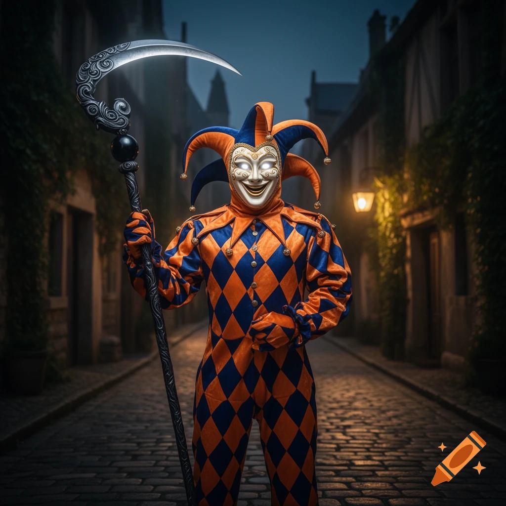 A jester in an orange and blue diamond suit and a white smiling mask with glowing eyes holds an ornate scythe in a dark cobblestone alley.