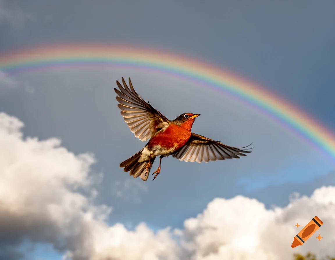 A red-breasted robin flies with wings spread across a partly cloudy sky with a vibrant rainbow.