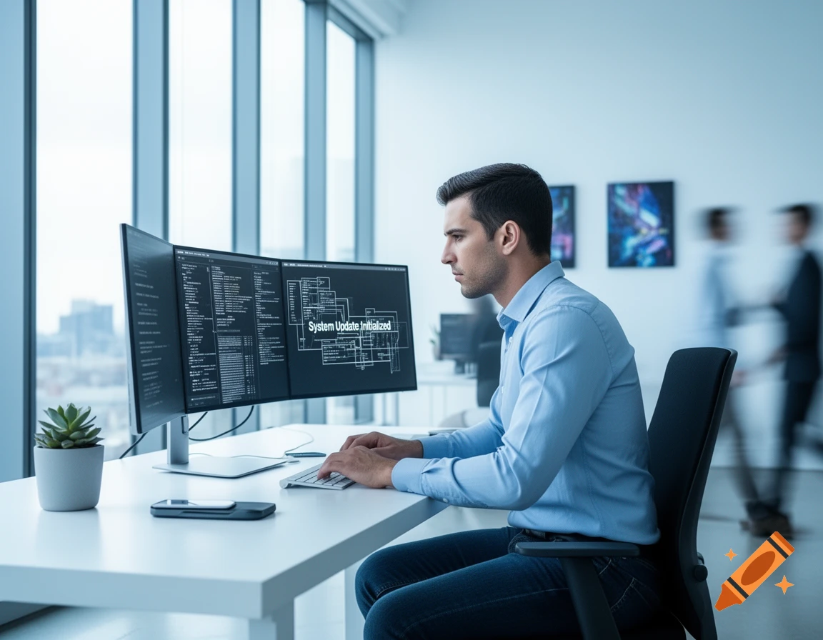 A man works on two computer monitors displaying code and a system update message in a modern office setting.