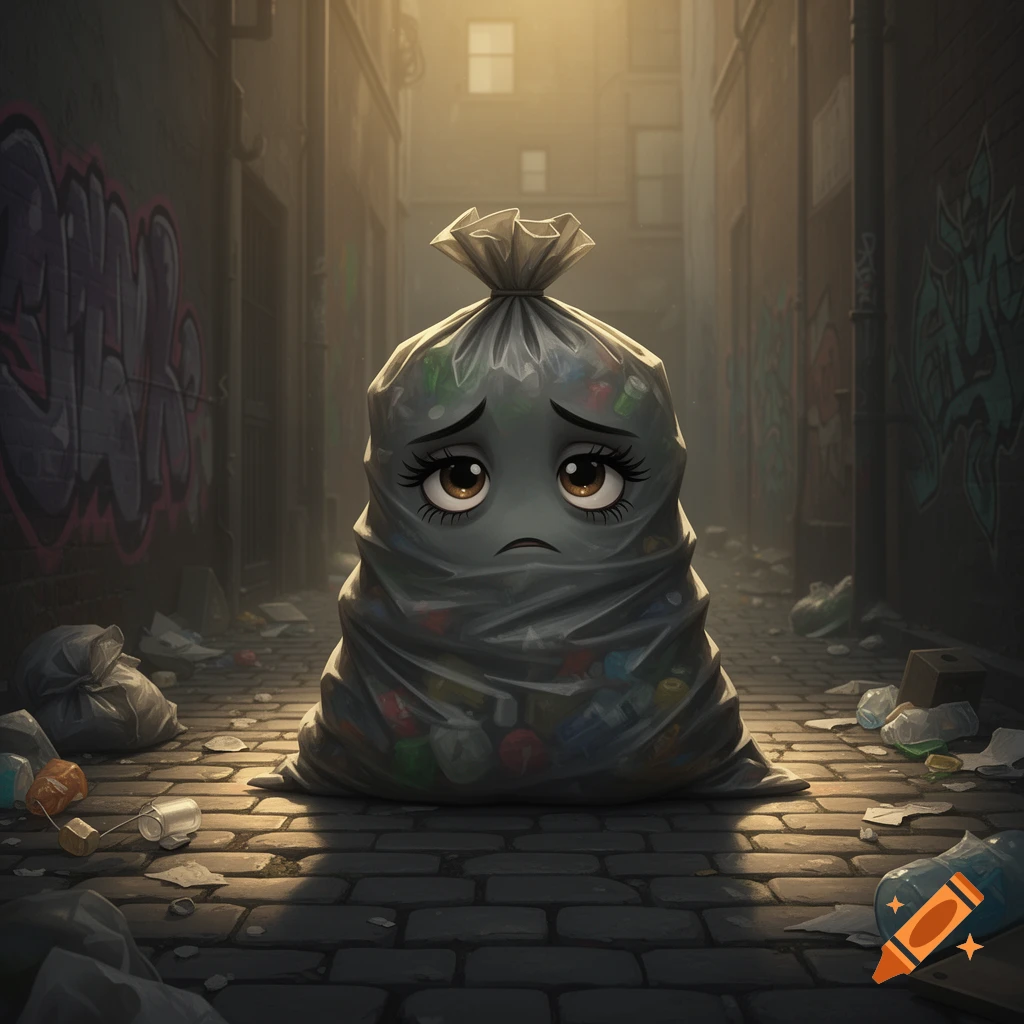 A sad, anthropomorphic trash bag with big eyes and long eyelashes sits in a dirty alleyway, illuminated by a warm glow in a cartoon style.