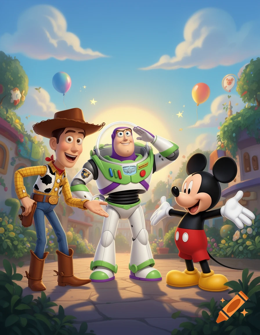 Woody, Buzz Lightyear, and Mickey Mouse stand smiling in a vibrant cartoon town with balloons and a sunny sky.