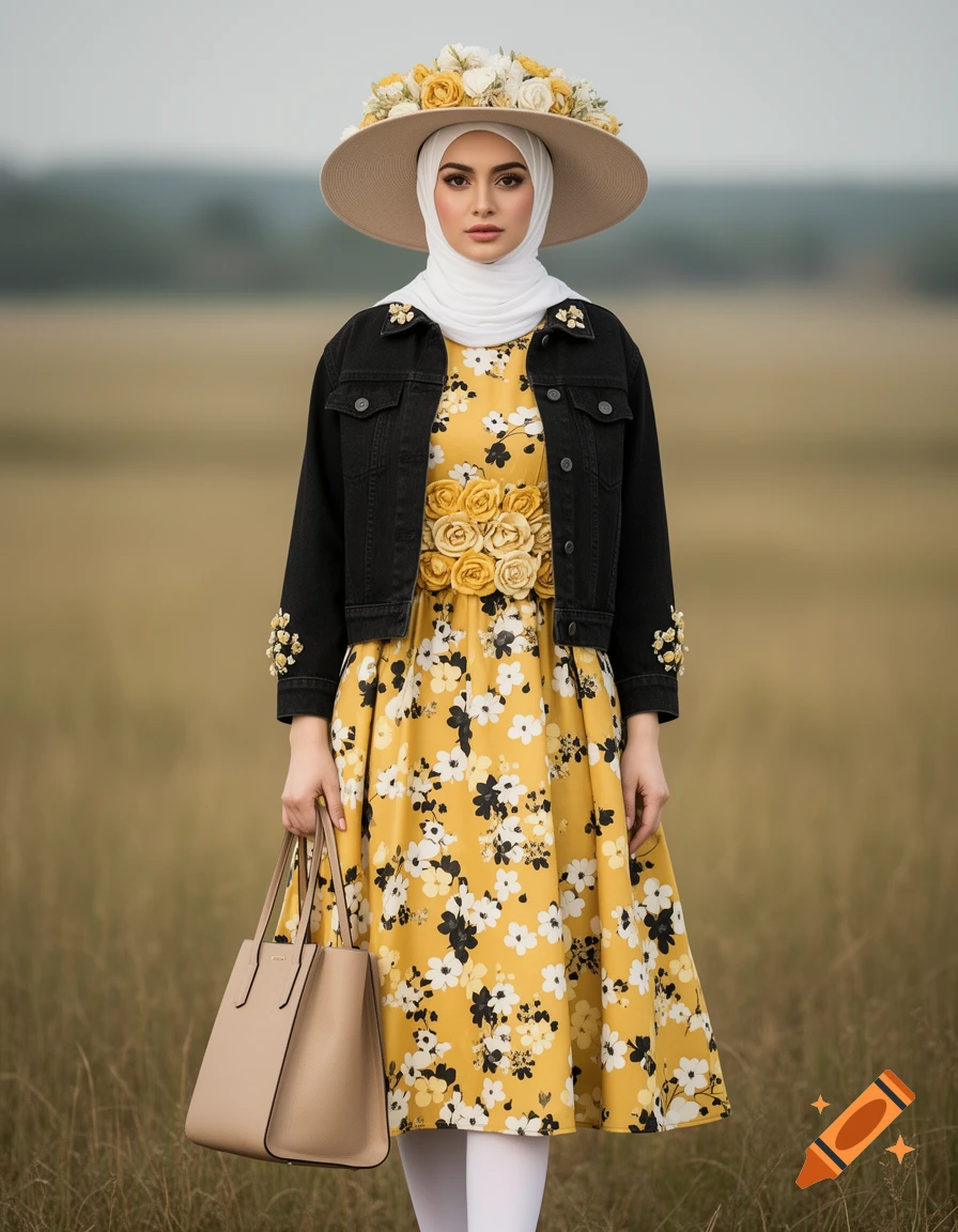 A woman in a white hijab, a floral yellow dress with 3D flowers, a black denim jacket, and a floral hat, holding a beige handbag in a field.