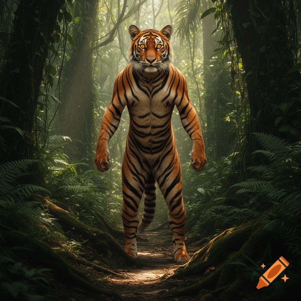 A muscular anthropomorphic tiger with human-like physique stands on a sunlit jungle path, looking forward.