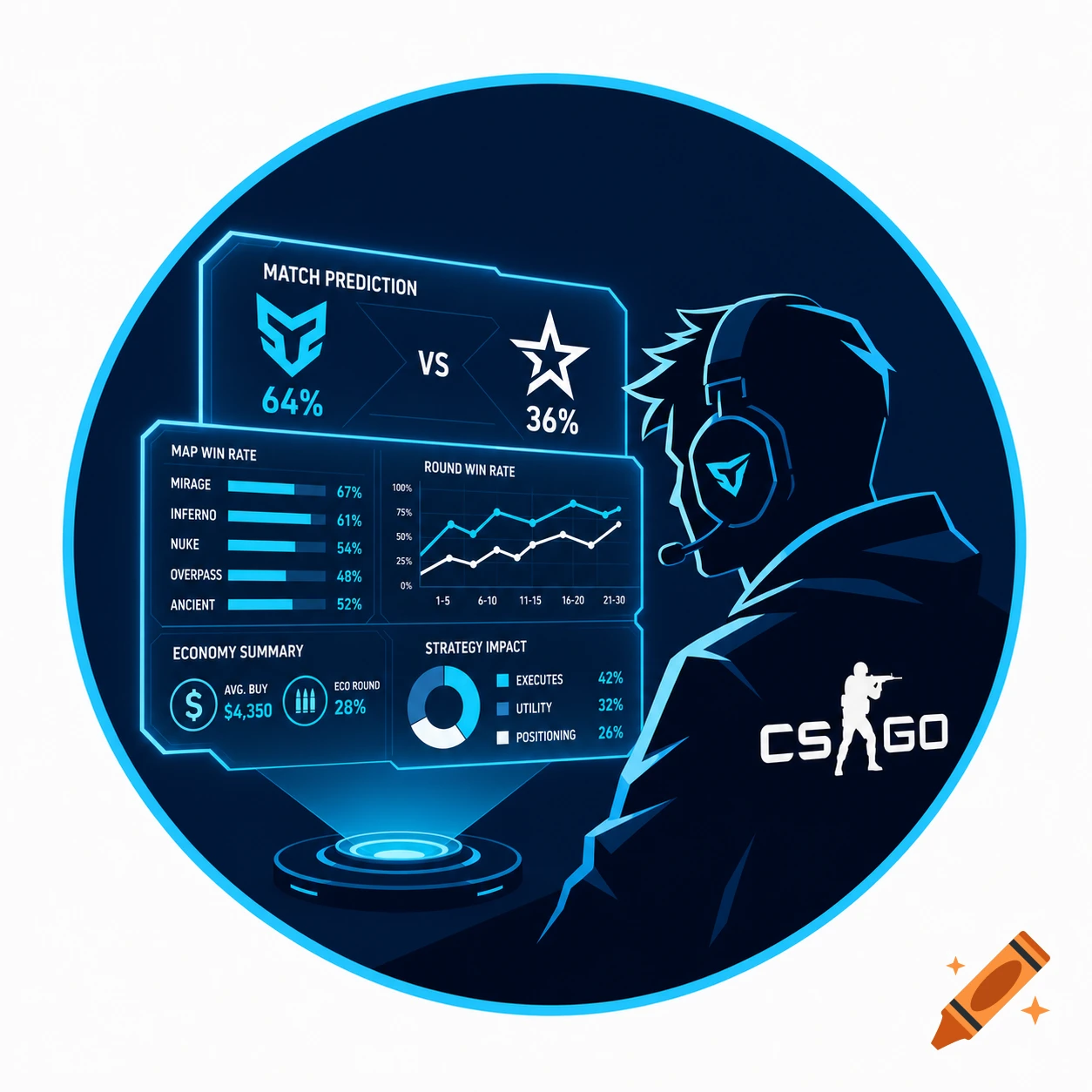 A stylized illustration of a gamer wearing headphones, looking at a holographic screen displaying esports match prediction data for CS:GO.