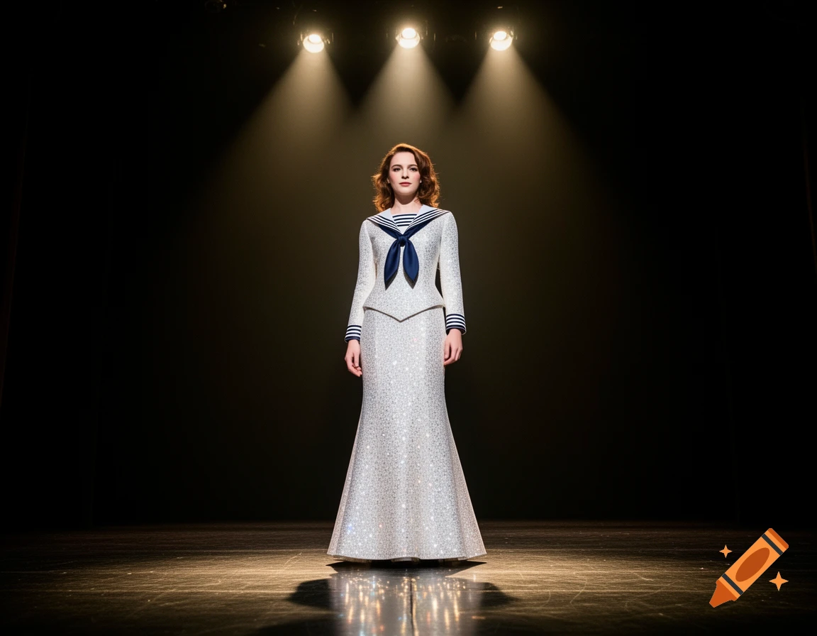Actress Emily Browning in a sparkling white sailor costume stands on a dark stage under spotlights.