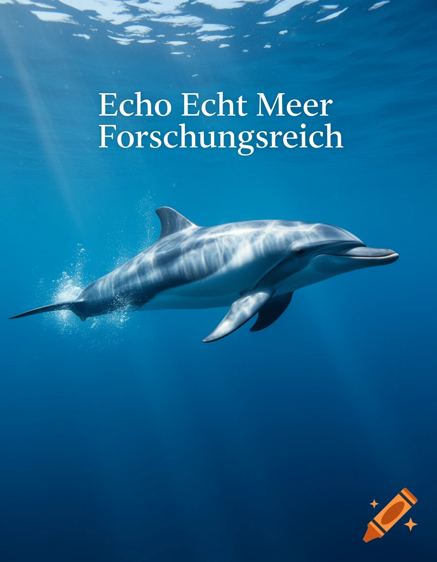 A photorealistic dolphin swims underwater in clear blue ocean water with sun rays and overlayed German text.