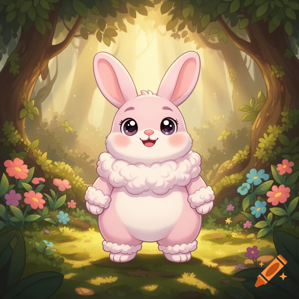 A cute, chubby pink cartoon rabbit with large eyes and a fluffy white collar stands in a vibrant, stylized forest clearing.