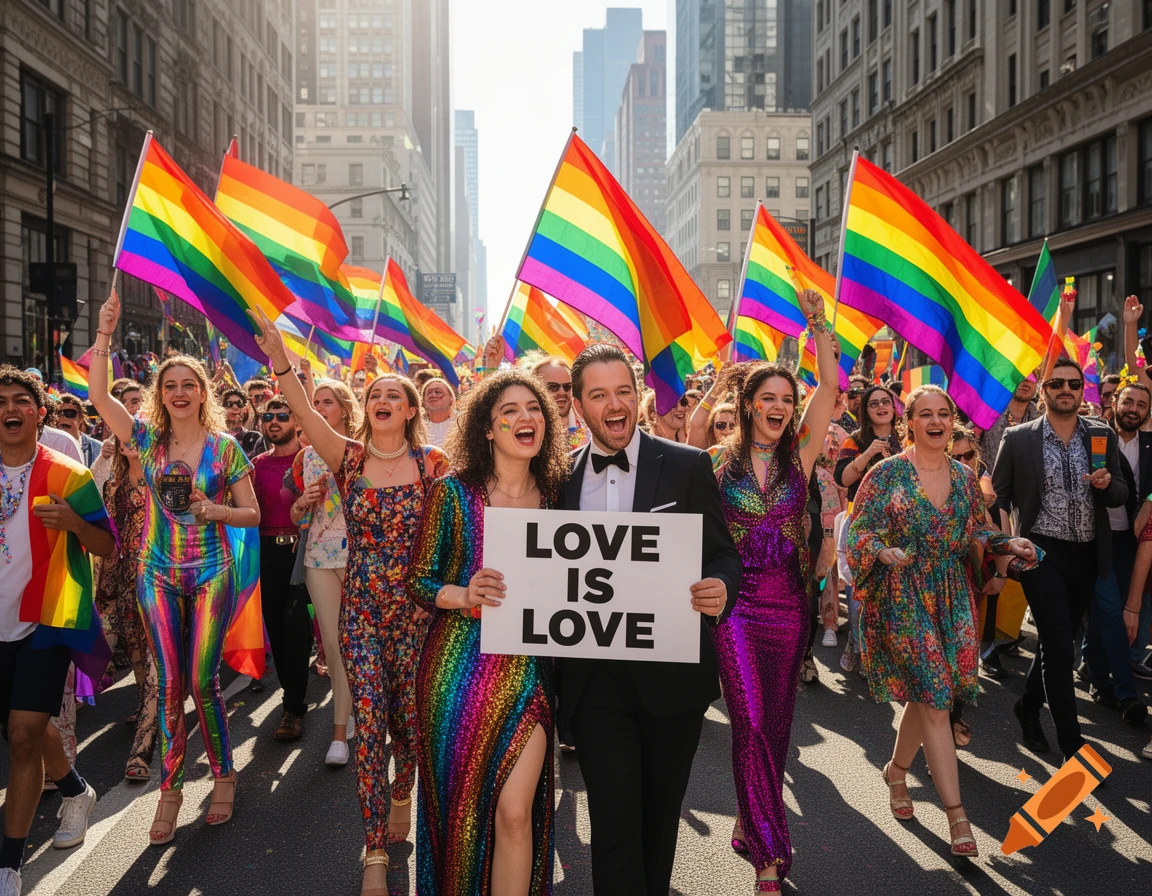A joyful crowd marches in a Pride parade, holding rainbow flags and a "LOVE IS LOVE" sign, against a city backdrop.