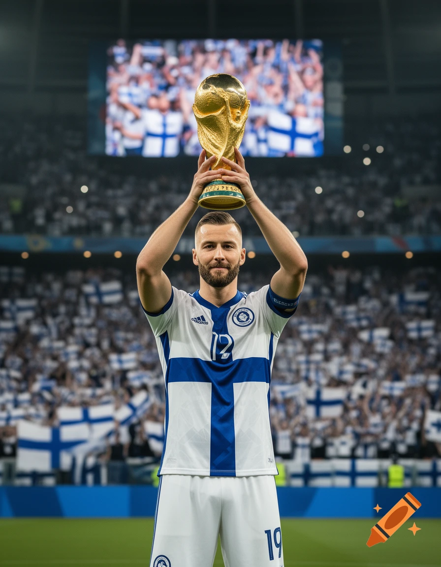 A male football player in a white and blue Finland jersey lifts a gold World Cup trophy above his head in a stadium.