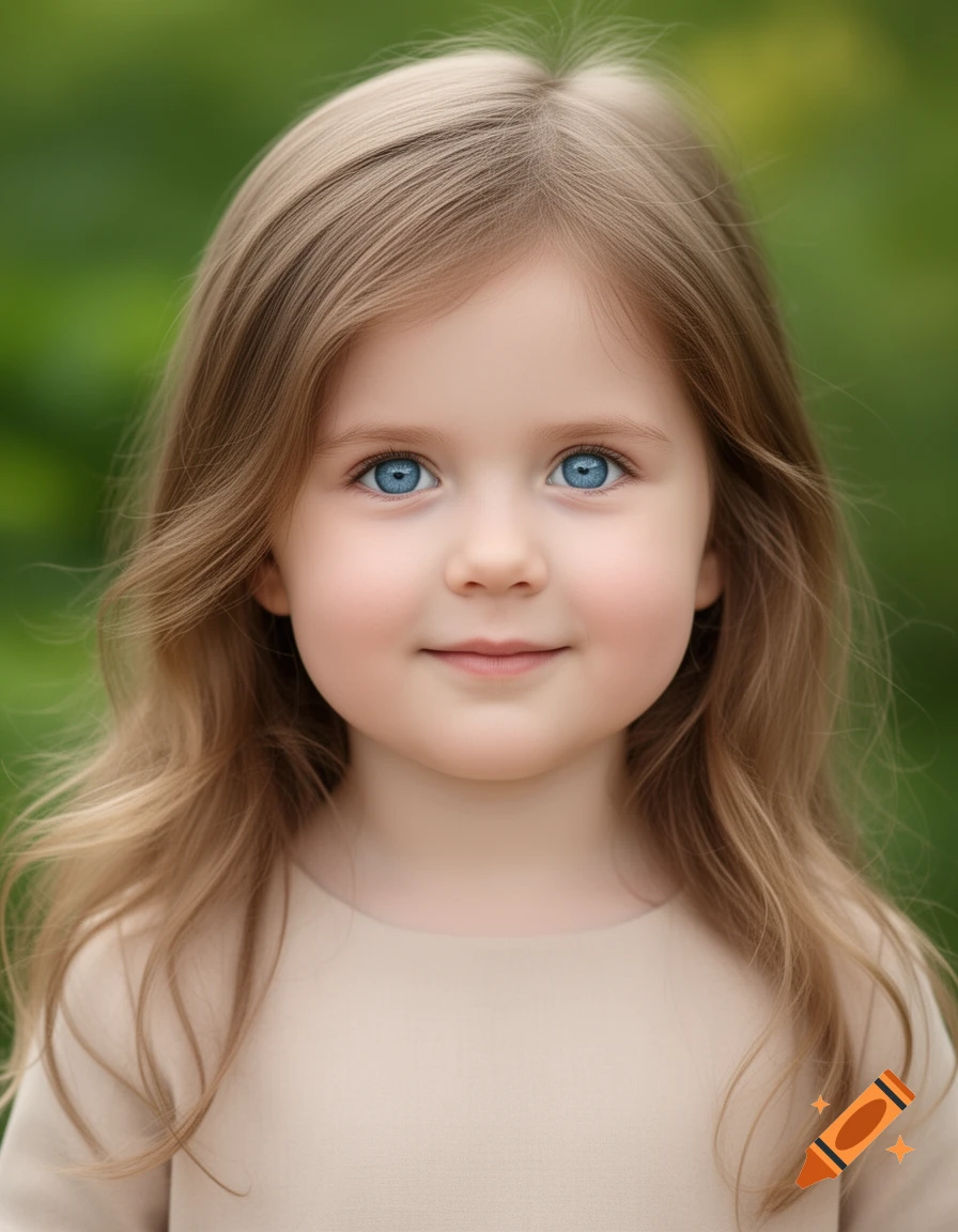 Photorealistic portrait of a young girl with blue eyes, light brown hair, and a slight smile, against a blurry green background.