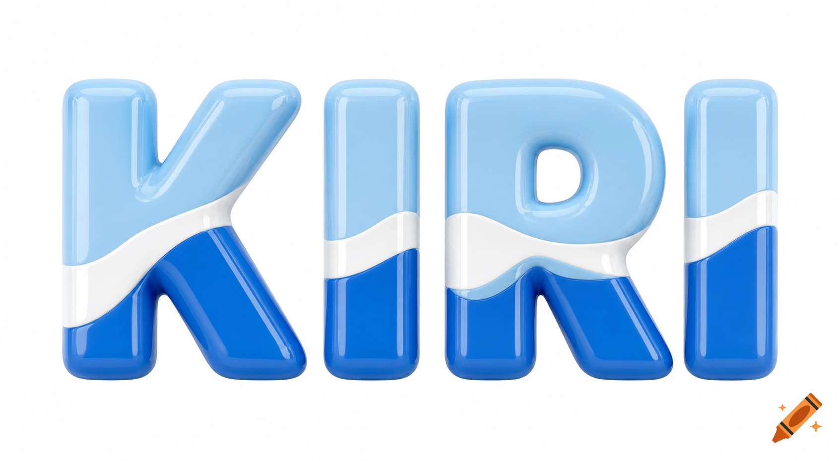 Glossy 3D letters spelling 'KIRI' in light blue, dark blue, and white wavy layers on a pure white background.