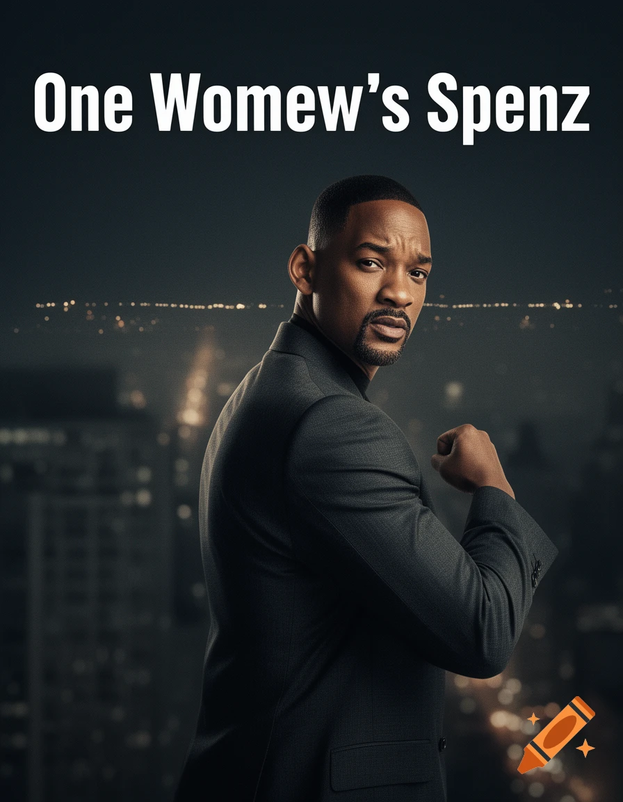 Will Smith as a man in a dark suit, looking over his shoulder with a serious expression, against a blurred city skyline at night. Text reads "One Womew's Spenz" above him.