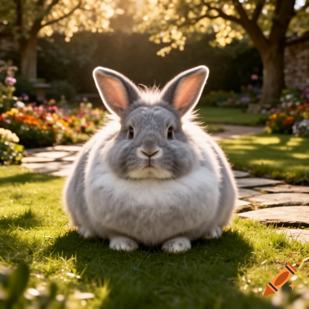 A fluffy grey and white rabbit with large ears sits on green grass in a sunlit garden with flowers and a stone path.