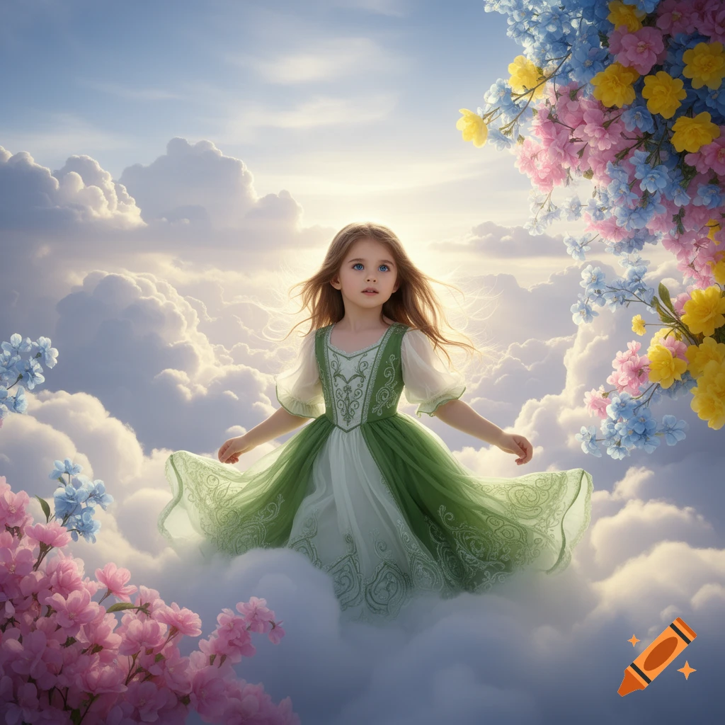 Young girl in a green and white dress sits on fluffy clouds in a dreamlike sky, surrounded by colorful pink, blue, and yellow flowers.