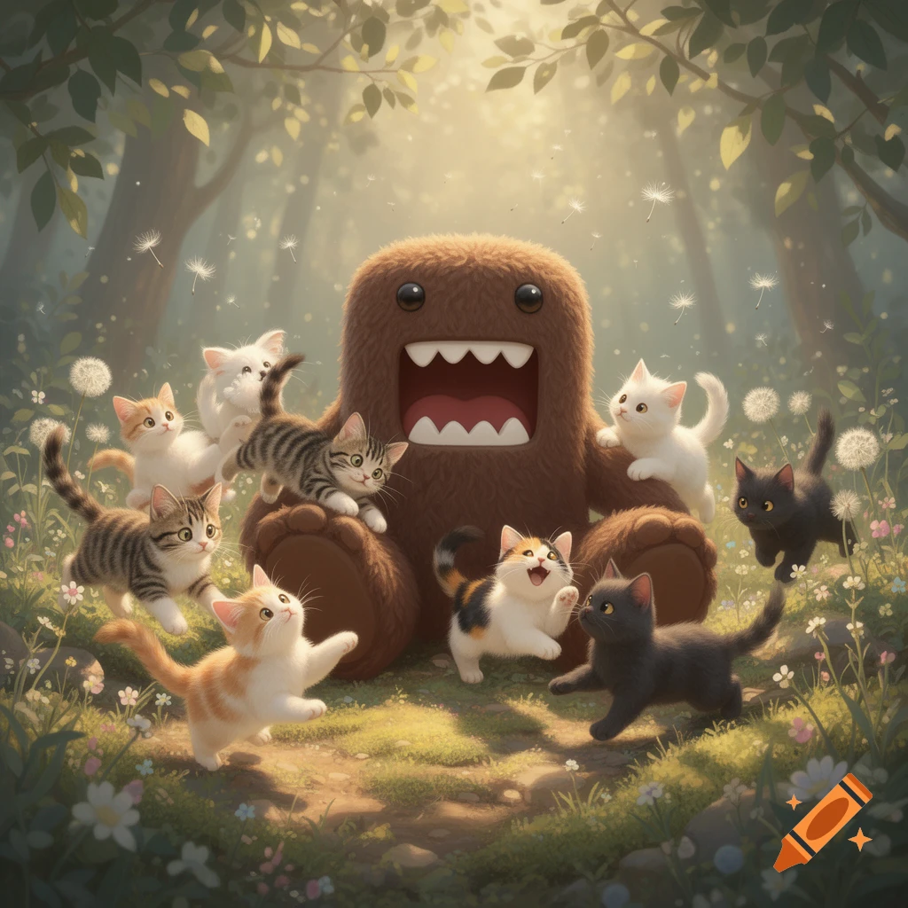 Cute brown Domo character surrounded by playful kittens in a sunlit forest with dandelions and wildflowers.