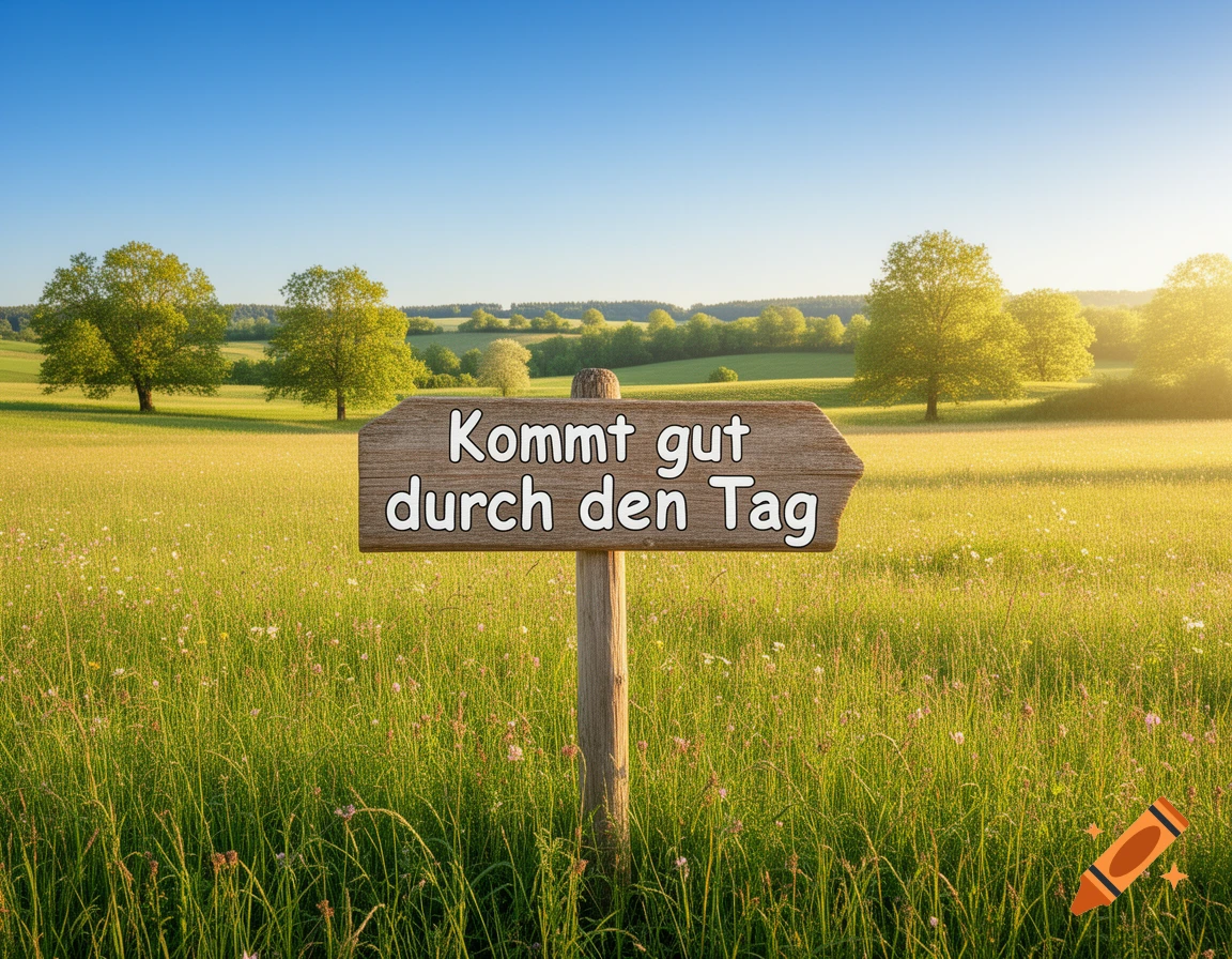 A sunny summer landscape with green fields and trees. A wooden sign reads "Kommt gut durch den Tag".