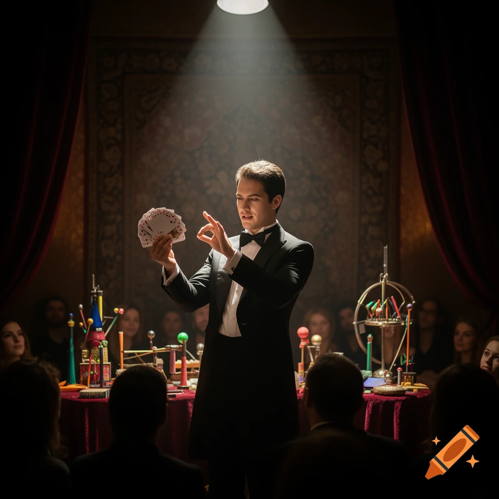 A magician in a tuxedo performs card tricks under a spotlight for an audience.