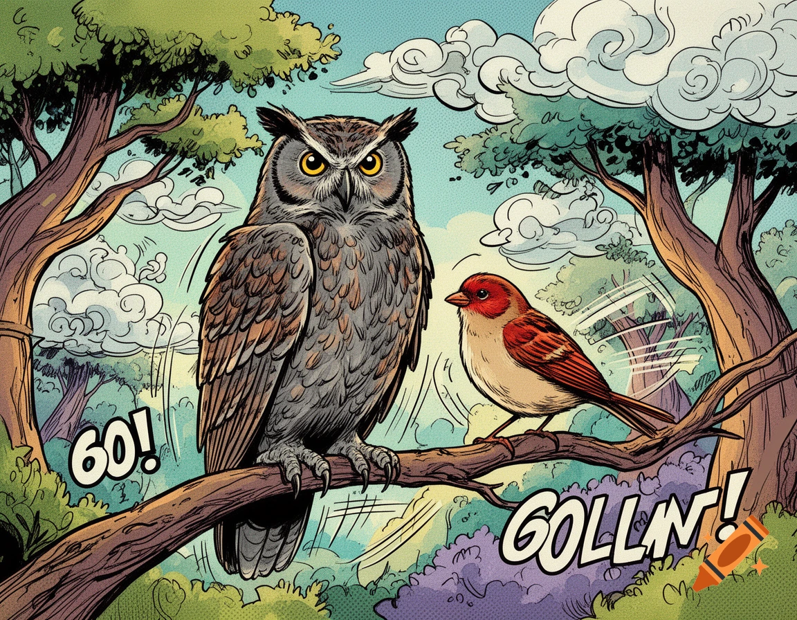 A comic-style illustration depicts a large owl and a small sparrow perched on a tree branch in a forest, with comic text bubbles.
