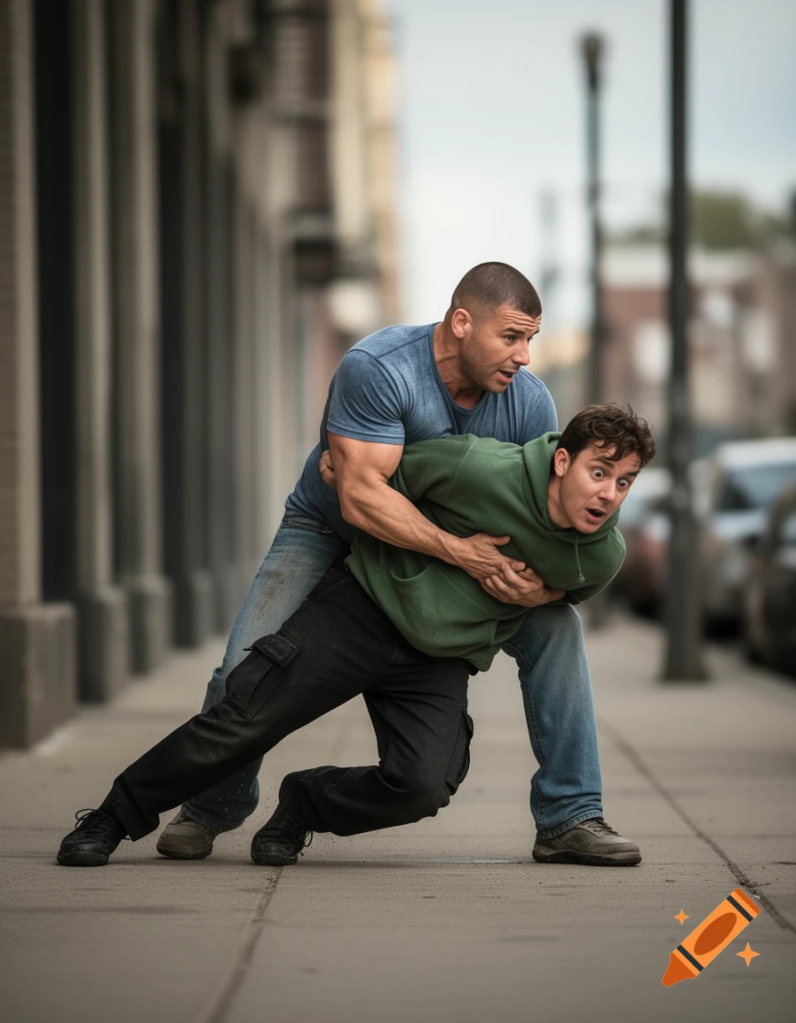 A muscular man in a blue shirt holds another man in a green hoodie on a city sidewalk in this photorealistic image.