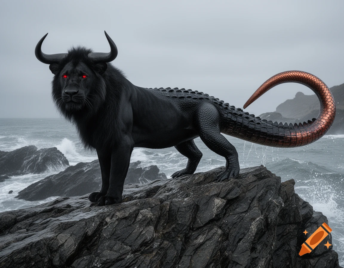 Photorealistic black mythical creature with lion's head, bull horns, alligator body, copper eel tail, and red eyes, on coastal rocks.