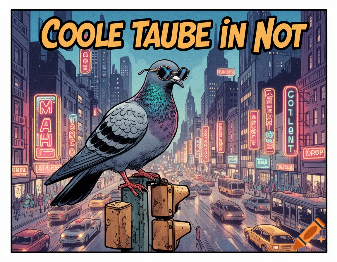 A comic-style pigeon with sunglasses perched on a traffic light in a vibrant city street with neon signs and cars.