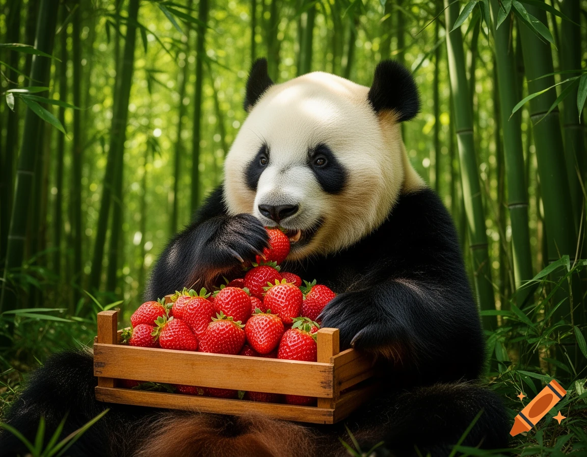 A photorealistic panda sits in a bamboo forest, happily eating strawberries from a small wooden crate.