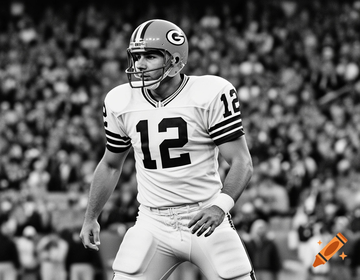 A black and white image of a Green Bay Packers football player wearing number 12, standing on a field in front of a blurred crowd.