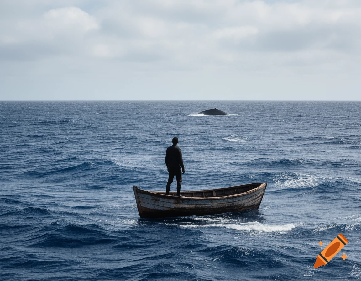 A man stands in a small wooden rowboat, looking at a whale surfacing in the vast blue ocean under a cloudy sky.