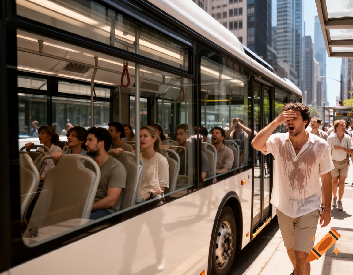 A photorealistic depiction of people in a comfortable bus while others sweat in the hot sun on a city street.