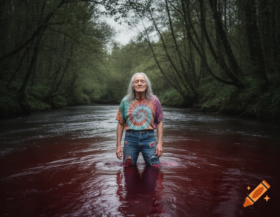 An old person with long gray hair and a tie-dye shirt stands waist-deep in a crimson red river flowing through a dark, lush forest.