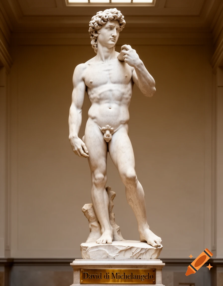 A full-length white marble statue of David by Michelangelo, standing on a pedestal with his name carved into it. The statue features an athletic, nude male figure.
