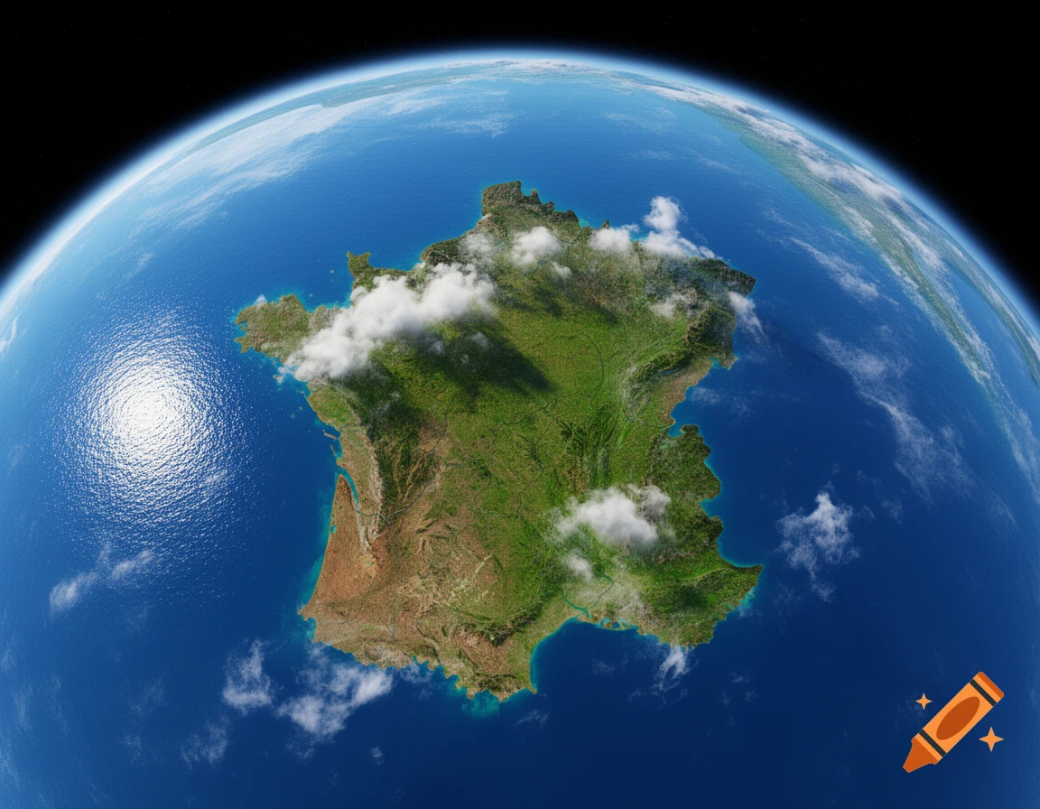 Photorealistic image of planet Earth, featuring the landmass of France surrounded by vast oceans, viewed from space.