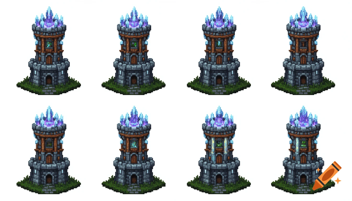 Pixel art sprite sheet of eight identical cold medieval fantasy towers with blue ice crystals on a white background.