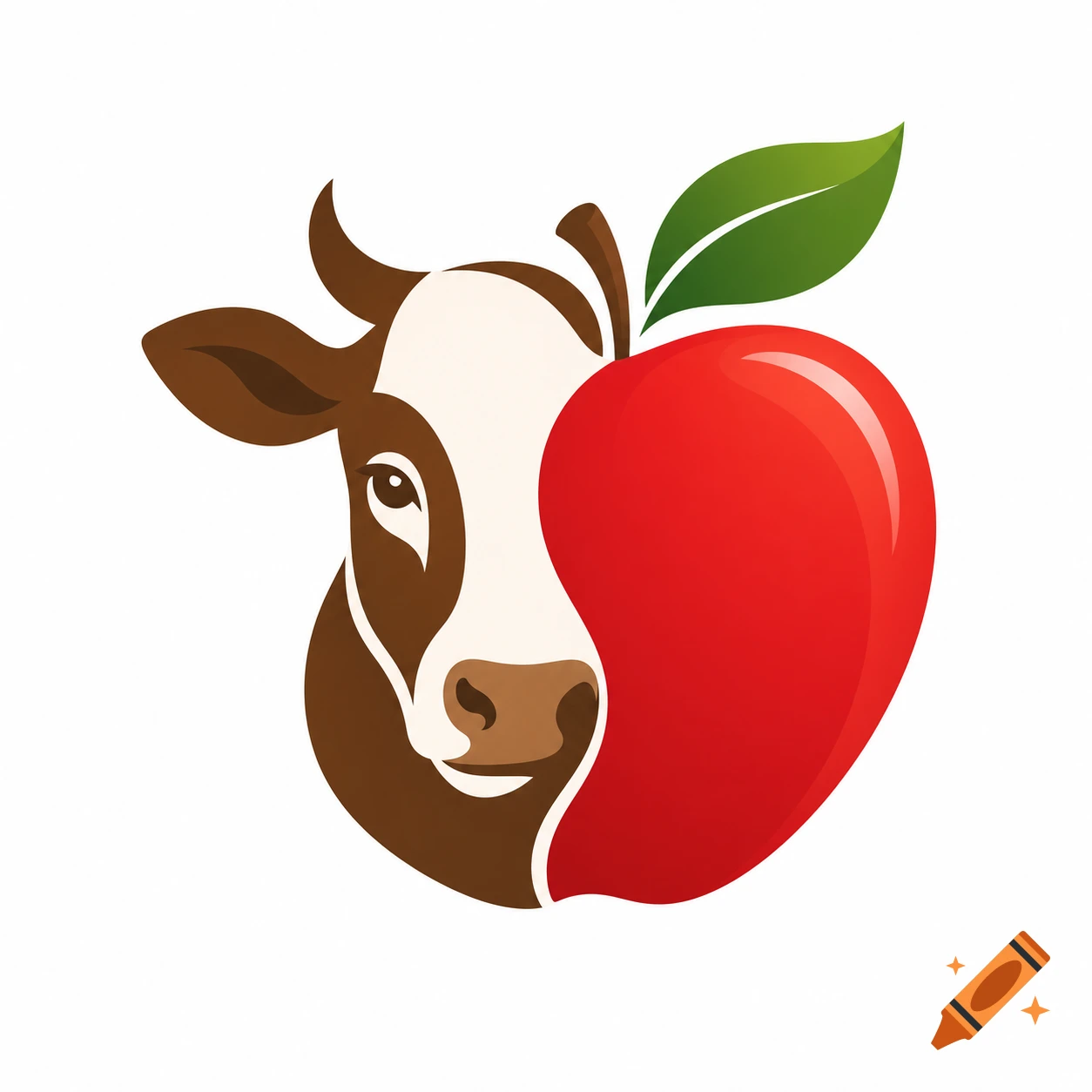 Stylized logo of a brown and white cow head merged with a red apple, featuring a green leaf on a white background.
