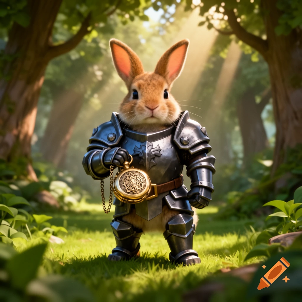 A photorealistic brown rabbit wearing silver knight armor stands in a sunlit forest, holding a golden pocket watch.