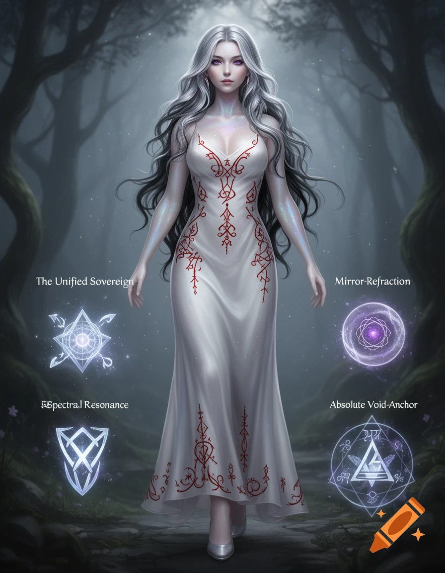 A fantasy woman with long silver hair and a white dress stands in a mystical forest, surrounded by glowing magical symbols with text labels.