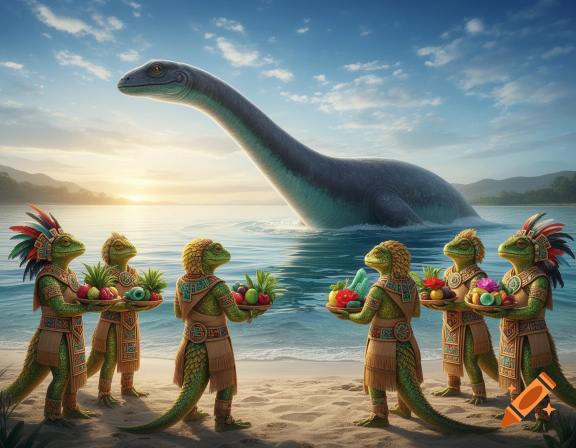 Lizard-humanoids in Aztec-inspired attire offer fruit to a giant plesiosaurus in the water at sunrise on a sandy shore.