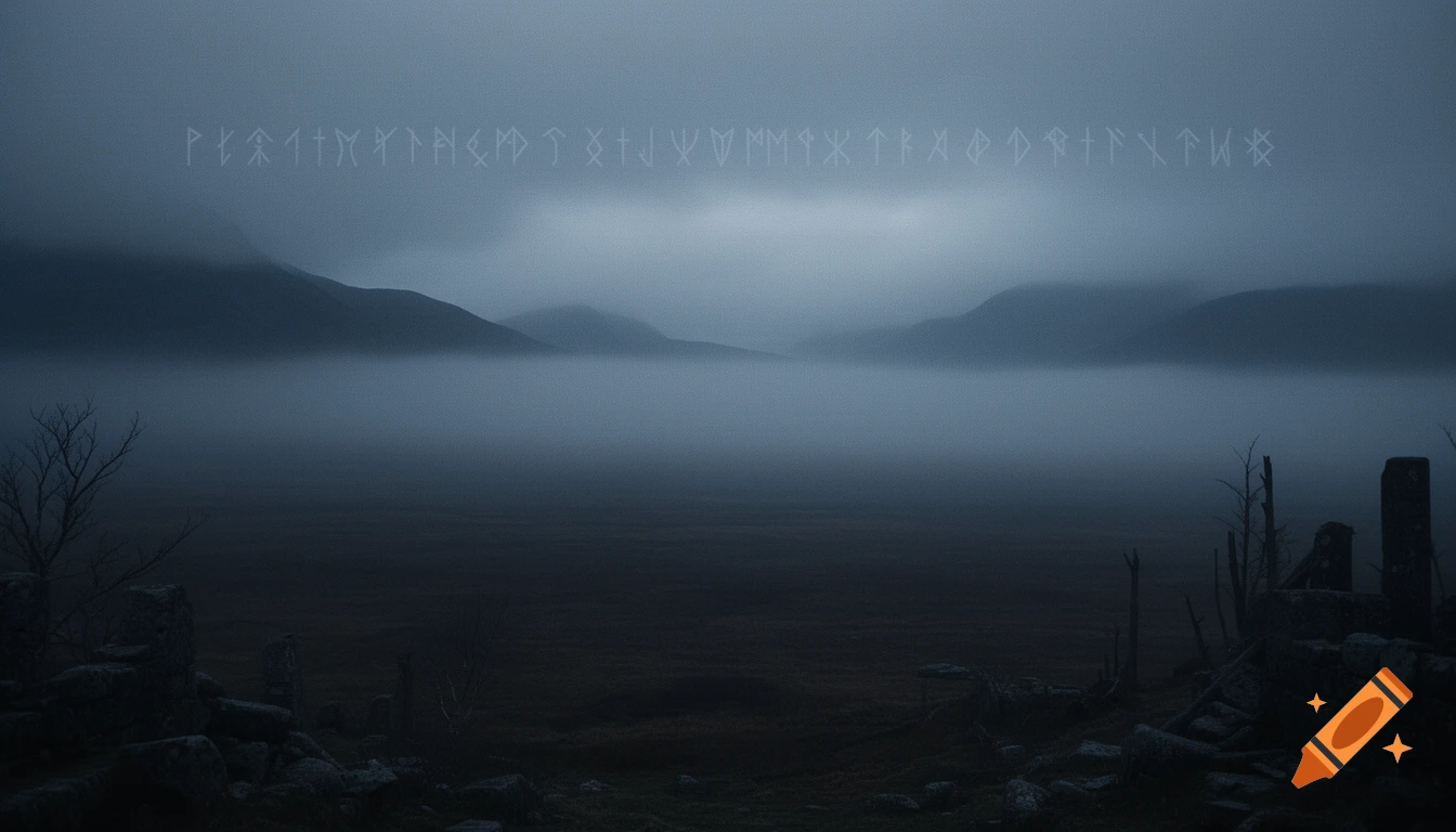 A dark, atmospheric Nordic landscape with mountains shrouded in fog, barren ground, and ancient ruins. Faint glowing runes appear in the misty sky.