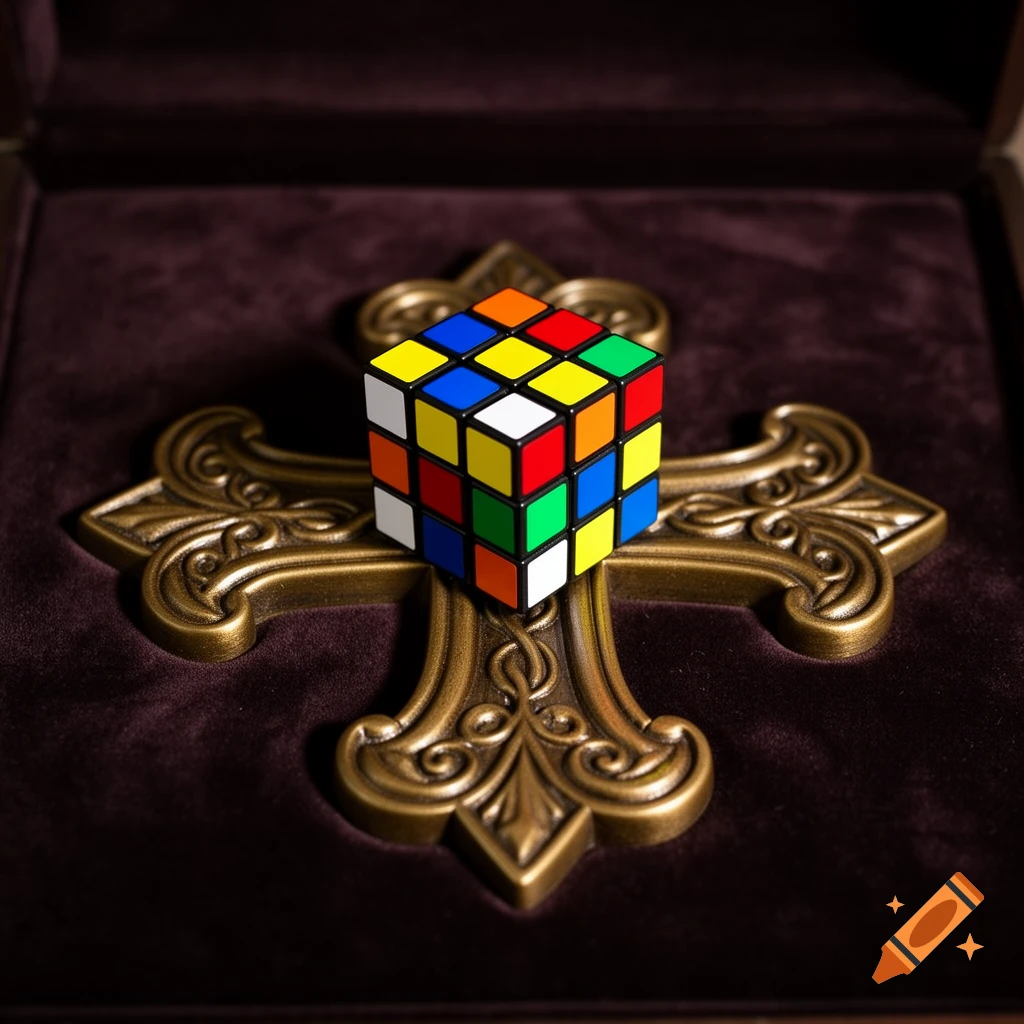 A colorful Rubik's Cube, with its squares mixed, rests on a decorative golden cross against a dark velvet background.
