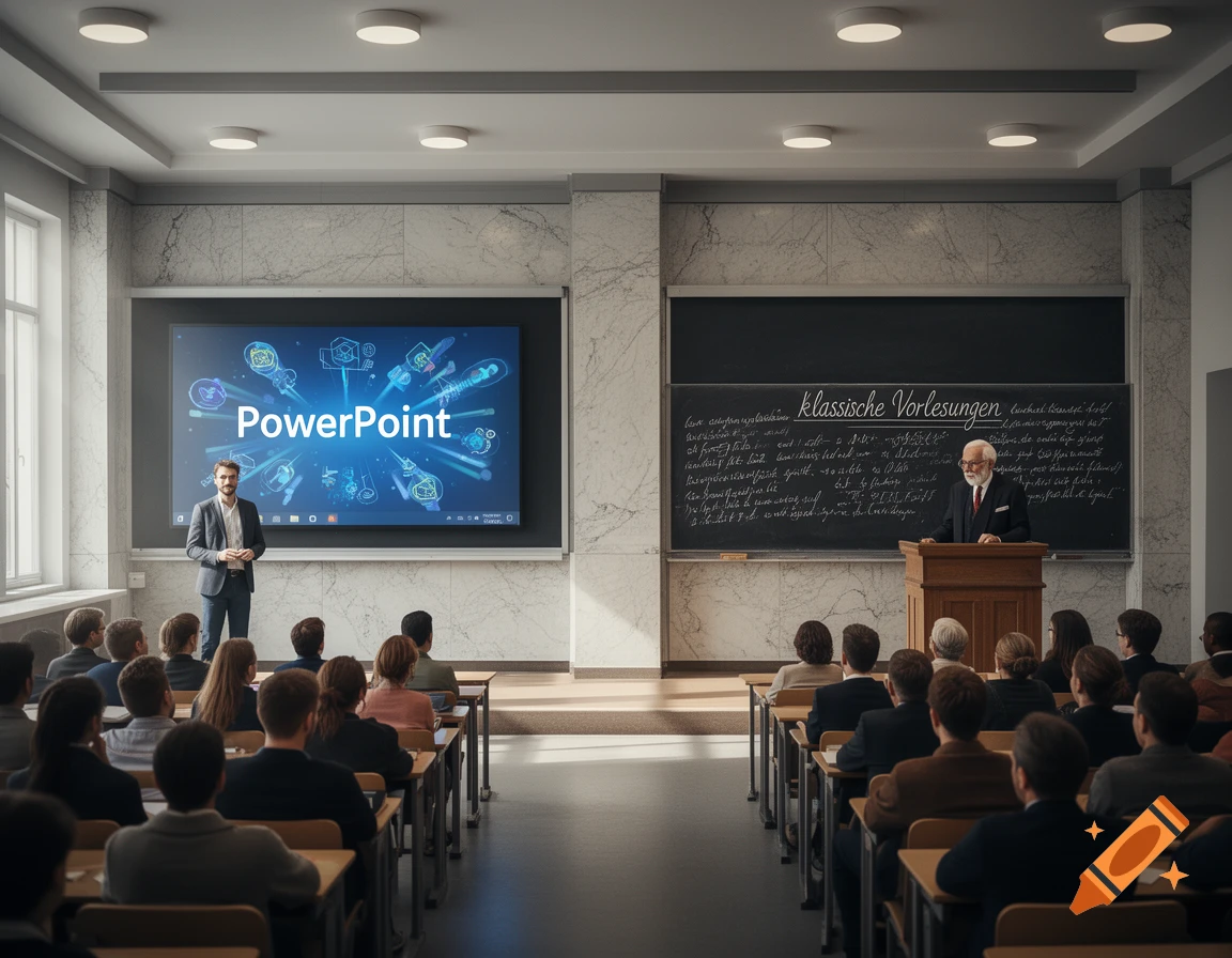 Photorealistic image of a lecture hall with two lecturers, one using a PowerPoint presentation and another at a blackboard.