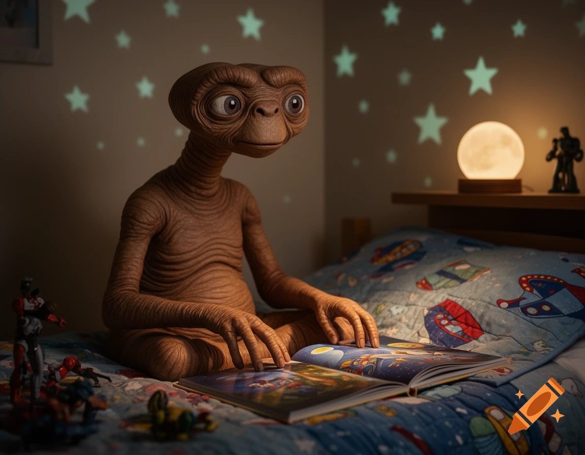 Photorealistic image of E.T. sitting on a child's bed, reading a colorful book under glow-in-the-dark stars and a moon lamp.