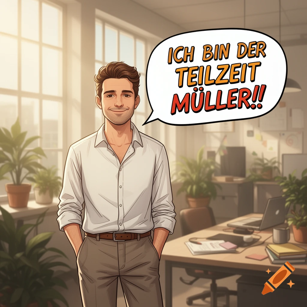 A smiling cartoon man in a white shirt and khaki pants stands in an office with a speech bubble saying 'ICH BIN DER TEILZEIT MÜLLER!!'