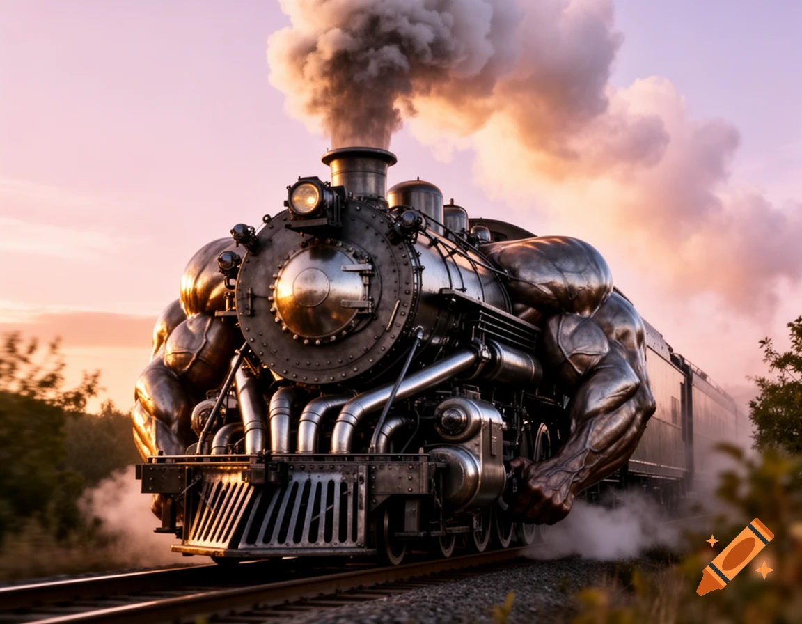 A muscular, metallic steam engine train with bodybuilder arms and torso drives on tracks against a dramatic sunset sky with billowing smoke.