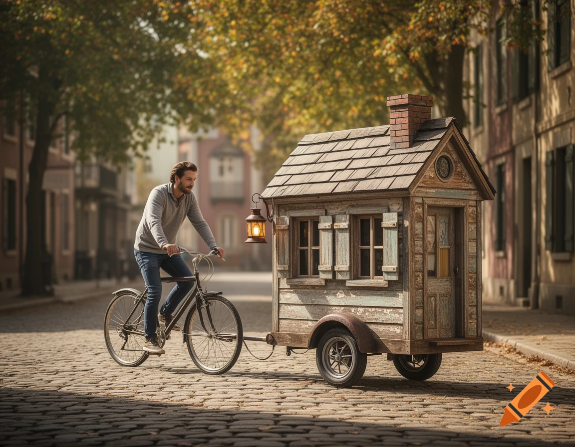 A man cycles a bicycle towing a miniature rustic wooden house with a chimney on a cobblestone street.