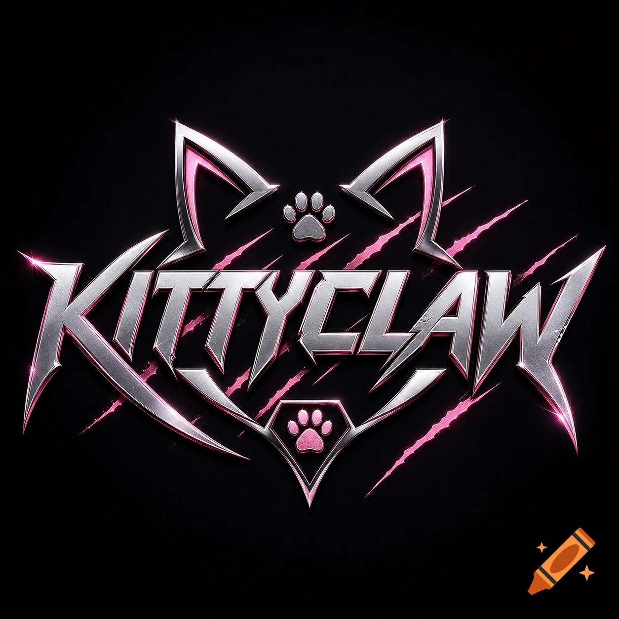A shiny metallic silver and pink 'KITTYCLAW' logo with cat ears, paw prints, and pink claw marks on a black background.
